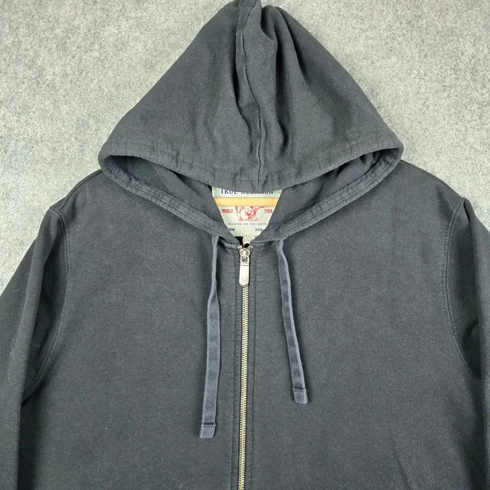 True Religion Zip Up Hoodie Mens XL Black Gold Big Horseshoe Logo Y2K Streetwear